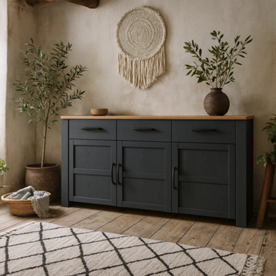 Wyld Haus Bramblecroft Wide Sideboard In Navy With Natural Oak Top 3 Door 3 Drawer - image 1