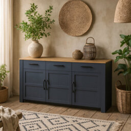 Wyld Haus Bramblecroft Wide Sideboard In Navy With Natural Oak Top 3 Door 3 Drawer - thumbnail 2