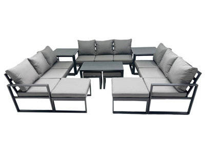 Fimous Outdoor Garden Furniture Set Aluminium Lounge 3 Seat Sofa Oblong Coffee Table Sets With 4 Stools 2 Side Tables Dark Grey - image 1