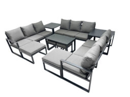 Fimous Outdoor Garden Furniture Set Aluminium Lounge 3 Seat Sofa Oblong Coffee Table Sets With 4 Stools 2 Side Tables Dark Grey - thumbnail 2