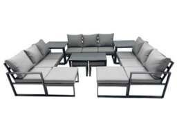 Fimous Outdoor Garden Furniture Set Aluminium Lounge 3 Seat Sofa Oblong Coffee Table Sets With 4 Stools 2 Side Tables Dark Grey - thumbnail 1