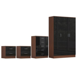 Reflect 3 Door Plain Wardrobe, 5 Drawer Chest, 2X 2 Drawer Bedsides - Black Gloss & Walnut - Modern Bedroom Furniture Set - thumbnail 8