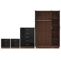 Reflect 3 Door Plain Wardrobe, 5 Drawer Chest, 2X 2 Drawer Bedsides - Black Gloss & Walnut - Modern Bedroom Furniture Set - thumbnail 9
