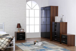Reflect 3 Door Plain Wardrobe, 5 Drawer Chest, 2X 2 Drawer Bedsides - Black Gloss & Walnut - Modern Bedroom Furniture Set