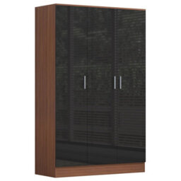 Reflect 3 Door Plain Wardrobe, 5 Drawer Chest, 2X 2 Drawer Bedsides - Black Gloss & Walnut - Modern Bedroom Furniture Set - thumbnail 5