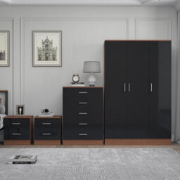 Reflect 3 Door Plain Wardrobe, 5 Drawer Chest, 2X 2 Drawer Bedsides - Black Gloss & Walnut - Modern Bedroom Furniture Set - thumbnail 3