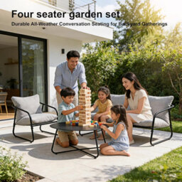 Alivio 4 Seater Iron Garden Furniture Sofa Set, Deep Cushions & Coffee Table (Grey) - thumbnail 2