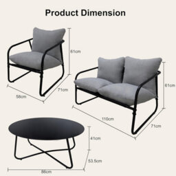 Alivio 4 Seater Iron Garden Furniture Sofa Set, Deep Cushions & Coffee Table (Grey) - thumbnail 5