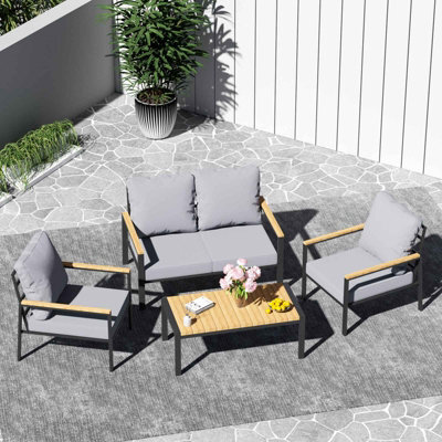 Birchtree 4-Seater Garden Furniture Set Single Double Sofas With Matched Coffee Table Grey - image 1