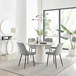 Furniturebox Uk Palma Beige Stone Effect Round Dining Table & 4 Grey Pesaro Black Leg Chairs
