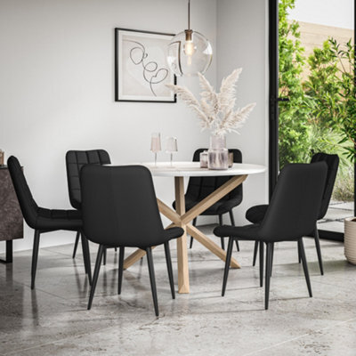 More4Homes Malvern Round Dining Table And Chairs -  Marble Table Top W Solid Oak Legs + Nova Faux Leather Dining Chair Set Of 6 (Black) - image 1