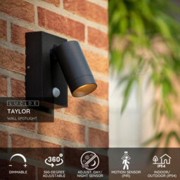 Lucide Taylor Outdoor Wall Mounted Spotlight With Pir Sensor Black - thumbnail 2