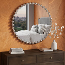 Biznest Silver Beaded Border Frame Round Wall Mirror Plastic Body Design Home Interior Decoration Easy Hanging Antique 60X2.5Cm - thumbnail 2