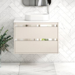 Royal Bathrooms Orion 800mm Warm Taupe Wall Hung Plain White Countertop Vanity Unit 2 Drawer With Lyon Basin & Chrome Accent Trim - thumbnail 1