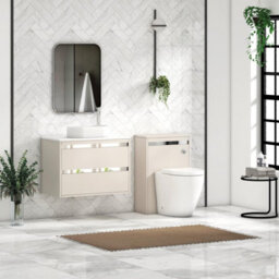 Royal Bathrooms Orion 800mm Warm Taupe Wall Hung Plain White Countertop Vanity Unit 2 Drawer With Lyon Basin & Chrome Accent Trim - thumbnail 3