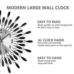 Black 38Cm Diamante Beaded Crystals Quartz Jeweled Wall Clock Home Decor Living Room - thumbnail 3
