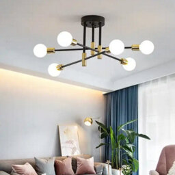 Modern 6-Light Chandelier, Flush Mount Ceiling Pendant Light, Black And Brass Finish, Indoor Lighting For Dining, Kitchen. - thumbnail 3