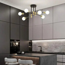 Modern 6-Light Chandelier, Flush Mount Ceiling Pendant Light, Black And Brass Finish, Indoor Lighting For Dining, Kitchen. - thumbnail 2