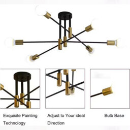 Modern 6-Light Chandelier, Flush Mount Ceiling Pendant Light, Black And Brass Finish, Indoor Lighting For Dining, Kitchen. - thumbnail 7
