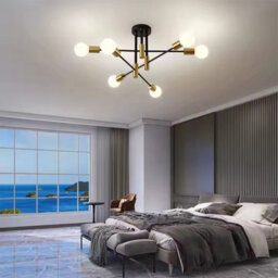 Modern 6-Light Chandelier, Flush Mount Ceiling Pendant Light, Black And Brass Finish, Indoor Lighting For Dining, Kitchen. - thumbnail 6