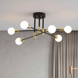 Modern 6-Light Chandelier, Flush Mount Ceiling Pendant Light, Black And Brass Finish, Indoor Lighting For Dining, Kitchen. - thumbnail 4