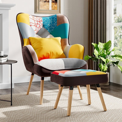 Thehotsale Multicoloured Upholstered Wingback Armchair With Footrest And Lumbar Pillow - image 1