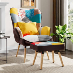 Thehotsale Multicoloured Upholstered Wingback Armchair With Footrest And Lumbar Pillow