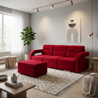 Upholstered Living Room Sofa Bed With Ottoman Foam Filling Wavy Springs Plastic Legs Wooden Frame Red - image 1