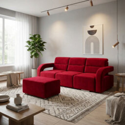 Upholstered Living Room Sofa Bed With Ottoman Foam Filling Wavy Springs Plastic Legs Wooden Frame Red