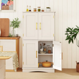Costway Bathroom Floor Cabinet 110Cm Freestanding Pantry Cabinet With 4 Doors-White - thumbnail 6