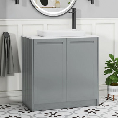 Royal Bathrooms Royal Bathroom Elmore 800mm Matt Pebble Grey Freestanding Bathroom Vanity Unit 2 Door Plain White Worktop With Qubix Basin - image 1