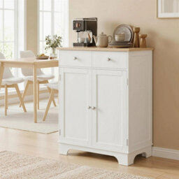 Rubber Wood Top Kitchen Side Cabinet With Adjustable Shelf, White - thumbnail 1