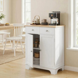 Rubber Wood Top Kitchen Side Cabinet With Adjustable Shelf, White - thumbnail 2