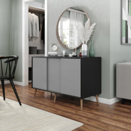Urbn-Living Urbnliving 3-Door Sliding Cabinet Sideboard Black Carcass With Grey Doors Storage Organiser Home Cupboard Pine Wooden Legs - thumbnail 2
