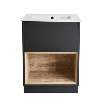 Homestylestore 612mm Black Grey Bathroom Vanity Unit Led Lit Open Shelf Marble Effect Basin - image 1