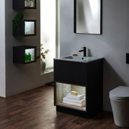 Homestylestore 612mm Black Grey Bathroom Vanity Unit Led Lit Open Shelf Marble Effect Basin - thumbnail 3