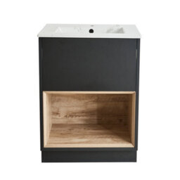 Homestylestore 612mm Black Grey Bathroom Vanity Unit Led Lit Open Shelf Marble Effect Basin - thumbnail 1