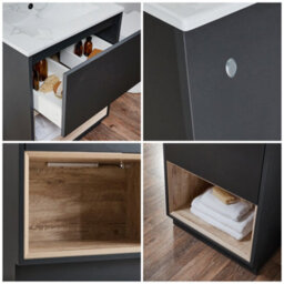 Homestylestore 612mm Black Grey Bathroom Vanity Unit Led Lit Open Shelf Marble Effect Basin - thumbnail 4