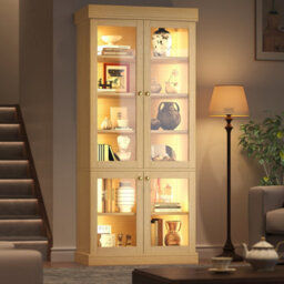Btm Led Display Cabinet, Freestanding Storage Cabinet With Glass Doors, Anti Tip Design, Natural Oak - thumbnail 6