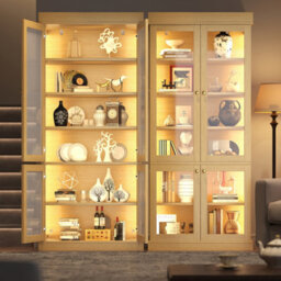 Btm Led Display Cabinet, Freestanding Storage Cabinet With Glass Doors, Anti Tip Design, Natural Oak - thumbnail 2