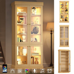 Btm Led Display Cabinet, Freestanding Storage Cabinet With Glass Doors, Anti Tip Design, Natural Oak - thumbnail 4