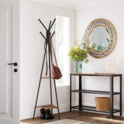 Industrial Hall Tree Coat Rack With 2 Storage Shelves, Freestanding Entryway Stand, Hazelnut Brown And Black - thumbnail 3