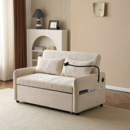 Btm Convertible Double Sofa Bed, Adjustable Backrest, Usb Chargingand Phone Holder, Beige - thumbnail 7