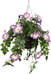 GreenBrokers Artificial Pink & Purple Petunia Round Rattan Hanging Basket With Ivy Vine (30Cm)