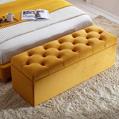90Cm Chesterfield Ottoman Storage Box- Plush Velvet Shoe Bench - Mustard Gold Chesterfield Upholstered Blanket Box - image 1