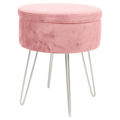 Harbour Housewares Velvet Storage Footstool - Round Modern Dressing Table Footstool Vanity Seat Chair - 45 X 36Cm - Pink/silver - image 1