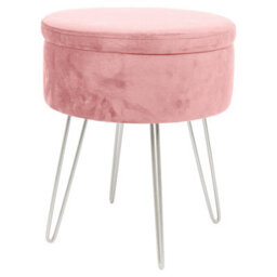 Harbour Housewares Velvet Storage Footstool - Round Modern Dressing Table Footstool Vanity Seat Chair - 45 X 36Cm - Pink/silver