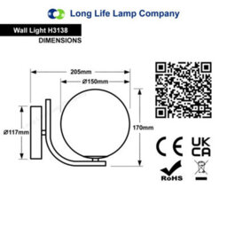 Long Life Lamps Company Indoor Brass Opal Globe Frosted Glass Wall Light H3138 - thumbnail 2