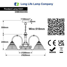 Long Life Lamps Company Vintage Ceiling 3 Light Antique Brass Pendant Light Ribbed Glass Lamp Shade K431 - thumbnail 2