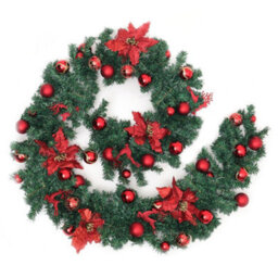 Living And Home 2.7M Artificial Red Ball Flower Christmas Garland Home Xmas Decor With Led Light String - thumbnail 4